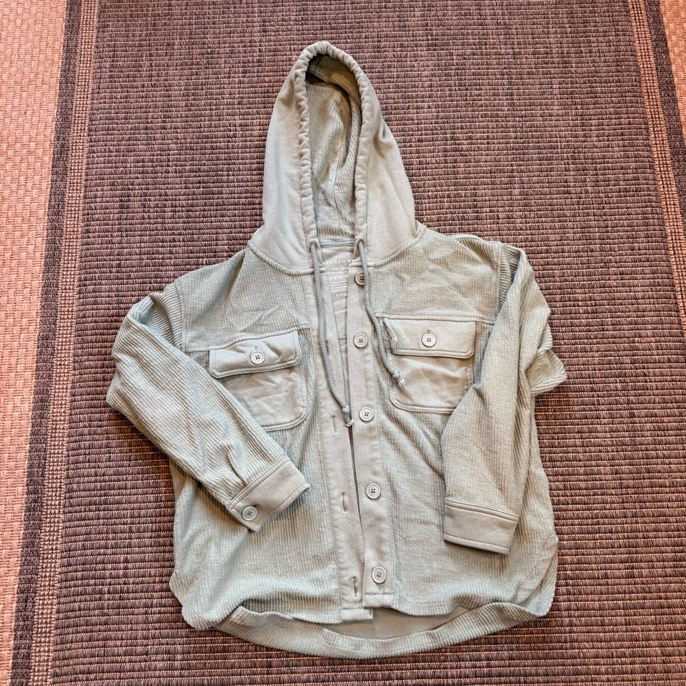 American Eagle Outfitters Light Green Button Down Hooded Sweatshirt